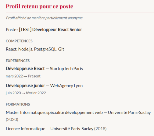Aperçu du profil anonymisé du candidat retenu